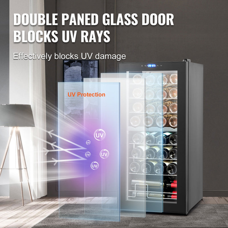 VEVOR 32 pudeles vīna dzesētājs, divu zonu brīvi stāvošs ledusskapis ar LED apgaismojumu