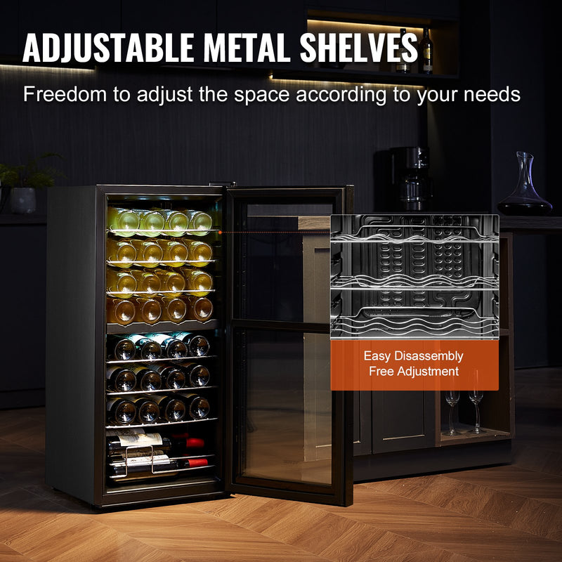 VEVOR 32 pudeles vīna dzesētājs, divu zonu brīvi stāvošs ledusskapis ar LED apgaismojumu