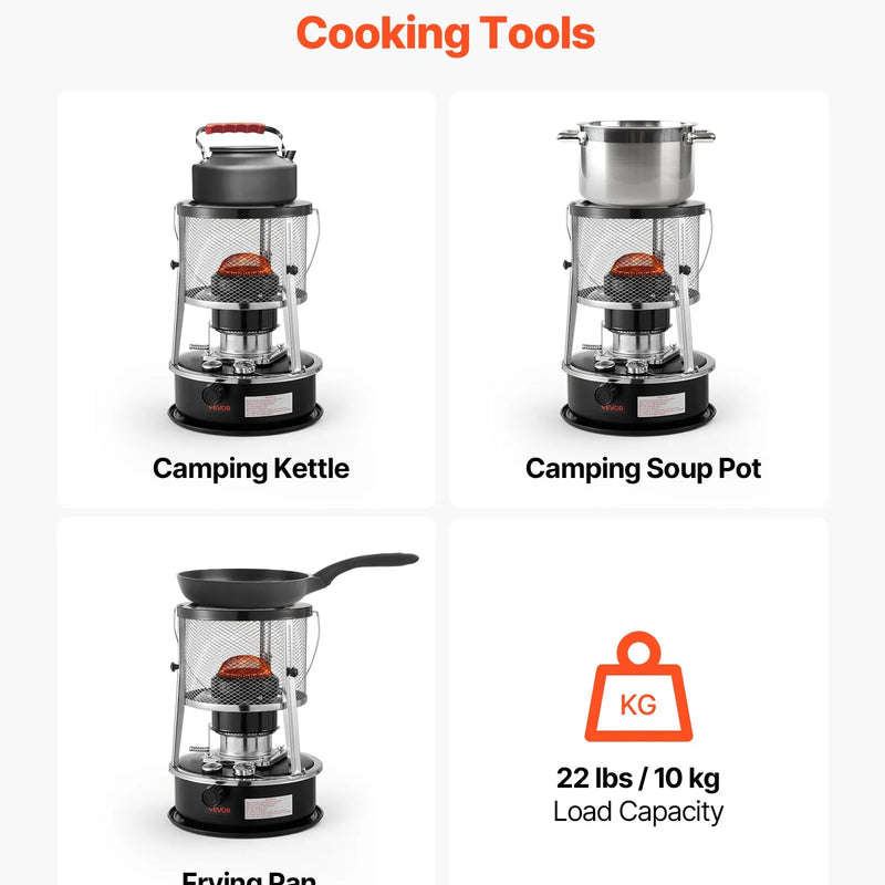 9000 BTU pārnēsājams petrolejas sildītājs un plīts 2 vienā, bez elektrības, ar regulējamu augstumu un liesmu, ērti uzglabājams, piemērots kempingam, medībām, gatavošanai, mājai vai garāžai, melns