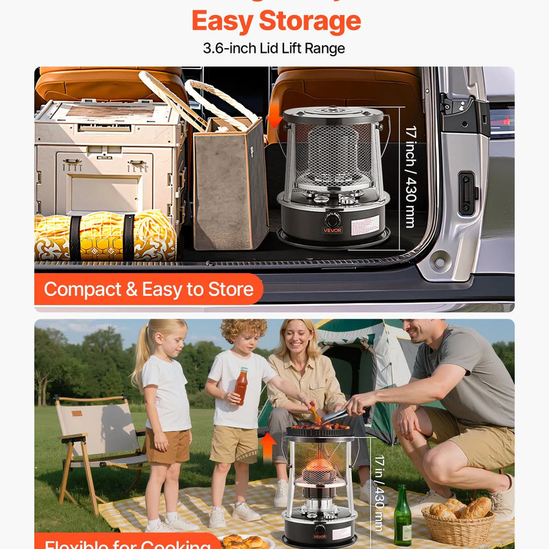 9000 BTU pārnēsājams petrolejas sildītājs un plīts 2 vienā, bez elektrības, ar regulējamu augstumu un liesmu, ērti uzglabājams, piemērots kempingam, medībām, gatavošanai, mājai vai garāžai, melns