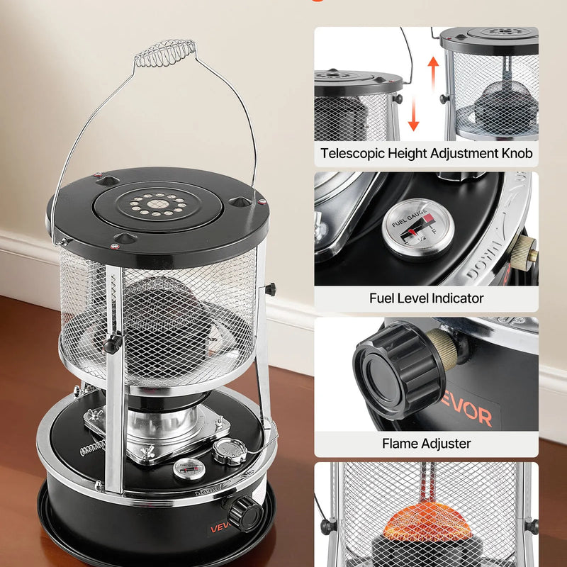 9000 BTU pārnēsājams petrolejas sildītājs un plīts 2 vienā, bez elektrības, ar regulējamu augstumu un liesmu, ērti uzglabājams, piemērots kempingam, medībām, gatavošanai, mājai vai garāžai, melns