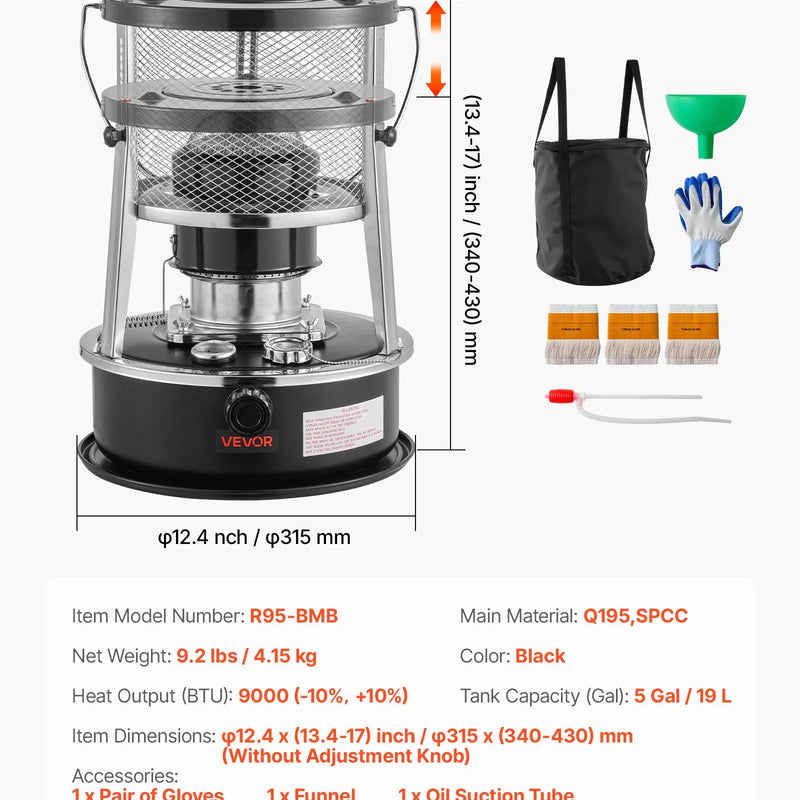 9000 BTU pārnēsājams petrolejas sildītājs un plīts 2 vienā, bez elektrības, ar regulējamu augstumu un liesmu, ērti uzglabājams, piemērots kempingam, medībām, gatavošanai, mājai vai garāžai, melns