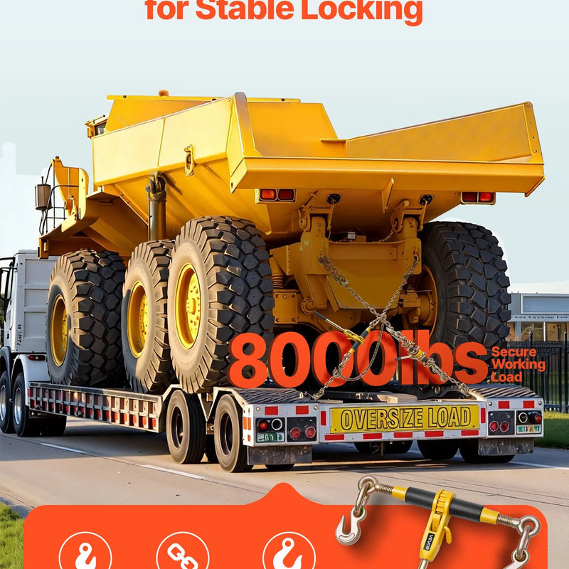 VEVOR sprūdrata ķēdes spriegotājs ar 7,9 mm x 3,9 m G80 ķēdēm, 3629 kg darba slodze, ķēžu un spriegotāju komplekts kravu nostiprināšanai, vilkšanai un mežizstrādei (2 komplekti) - ZEMLETES.LV