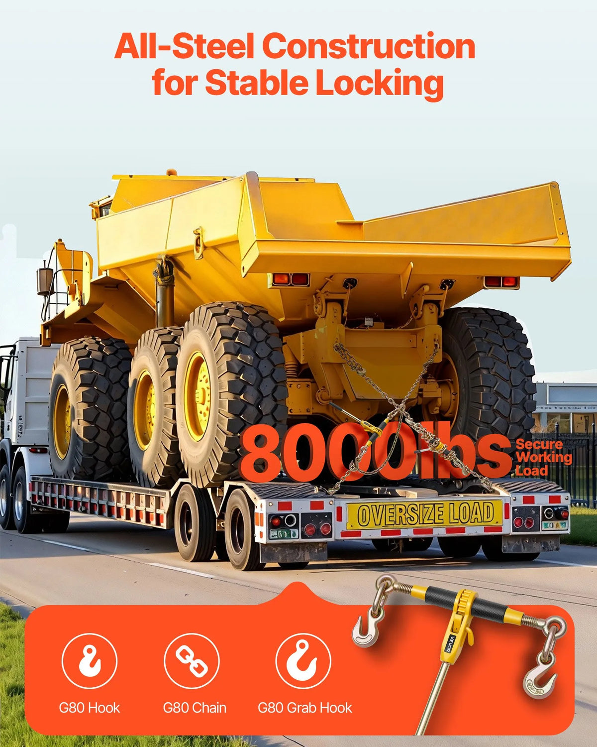 VEVOR sprūdrata ķēdes spriegotājs ar 7,9 mm x 3,9 m G80 ķēdēm, 3629 kg darba slodze, ķēžu un spriegotāju komplekts kravu nostiprināšanai, vilkšanai un mežizstrādei (2 komplekti) - ZEMLETES.LV