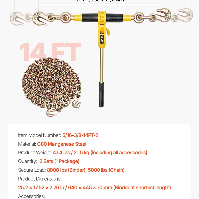 VEVOR sprūdrata ķēdes spriegotājs ar 7,9 mm x 3,9 m G80 ķēdēm, 3629 kg darba slodze, ķēžu un spriegotāju komplekts kravu nostiprināšanai, vilkšanai un mežizstrādei (2 komplekti) - ZEMLETES.LV