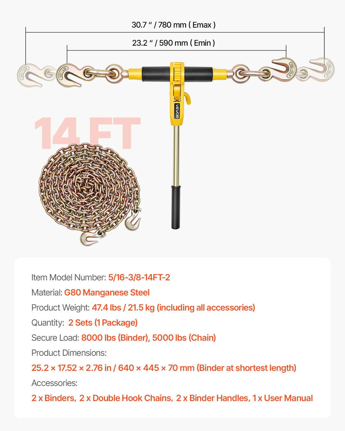 VEVOR sprūdrata ķēdes spriegotājs ar 7,9 mm x 3,9 m G80 ķēdēm, 3629 kg darba slodze, ķēžu un spriegotāju komplekts kravu nostiprināšanai, vilkšanai un mežizstrādei (2 komplekti) - ZEMLETES.LV