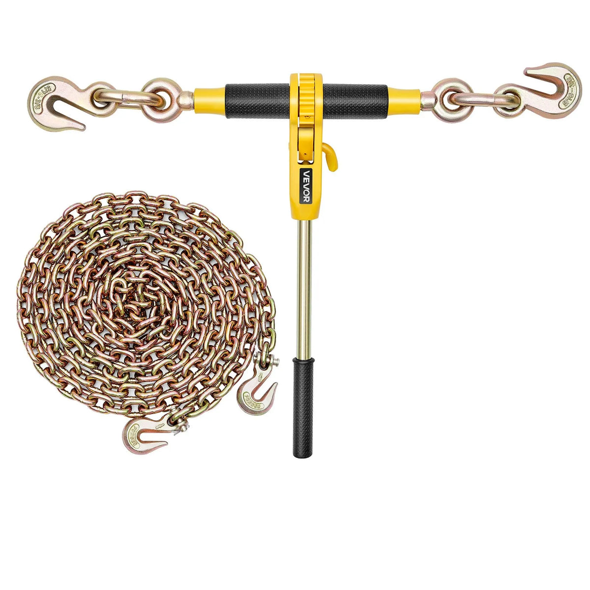 VEVOR sprūdrata ķēdes spriegotājs ar 7,9 mm x 3,9 m G80 ķēdēm, 3629 kg darba slodze, ķēžu un spriegotāju komplekts kravu nostiprināšanai, vilkšanai un mežizstrādei (2 komplekti) - ZEMLETES.LV