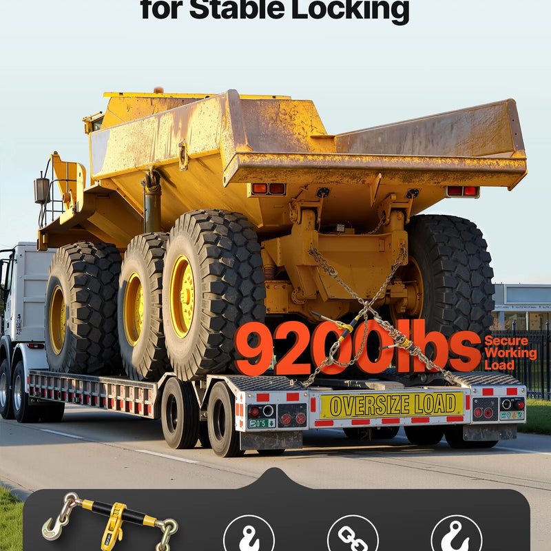 Sprūdrata ķēdes savilcējs, 10 mm × 6,1 m G80 ķēdes, 4173 kg darba slodze, ķēžu un savilcēju komplekts kravu nostiprināšanai, vilkšanai, kokmateriālu pārvietošanai un celšanai