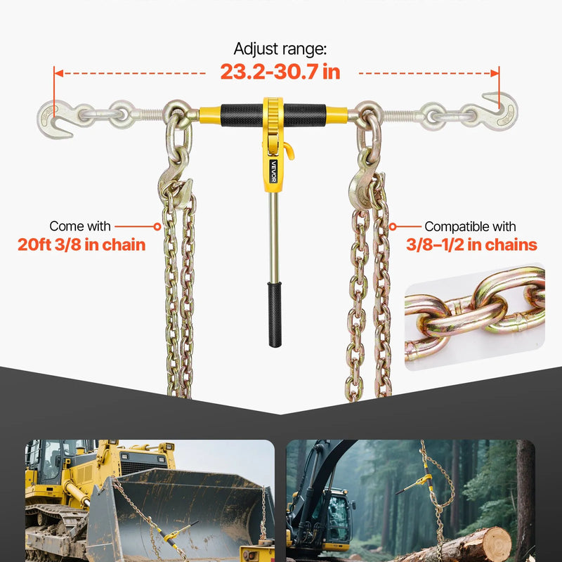 Sprūdrata ķēdes savilcējs, 10 mm × 6,1 m G80 ķēdes, 4173 kg darba slodze, ķēžu un savilcēju komplekts kravu nostiprināšanai, vilkšanai, kokmateriālu pārvietošanai un celšanai