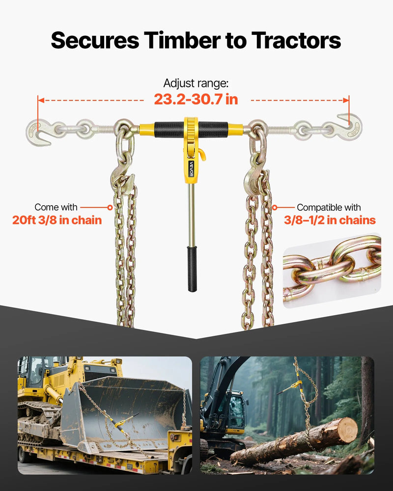 Sprūdrata ķēdes savilcējs, 10 mm × 6,1 m G80 ķēdes, 4173 kg darba slodze, ķēžu un savilcēju komplekts kravu nostiprināšanai, vilkšanai, kokmateriālu pārvietošanai un celšanai