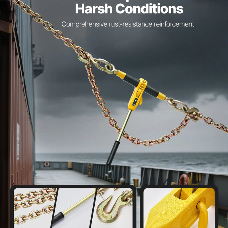 Sprūdrata ķēdes savilcējs, 10 mm × 6,1 m G80 ķēdes, 4173 kg darba slodze, ķēžu un savilcēju komplekts kravu nostiprināšanai, vilkšanai, kokmateriālu pārvietošanai un celšanai