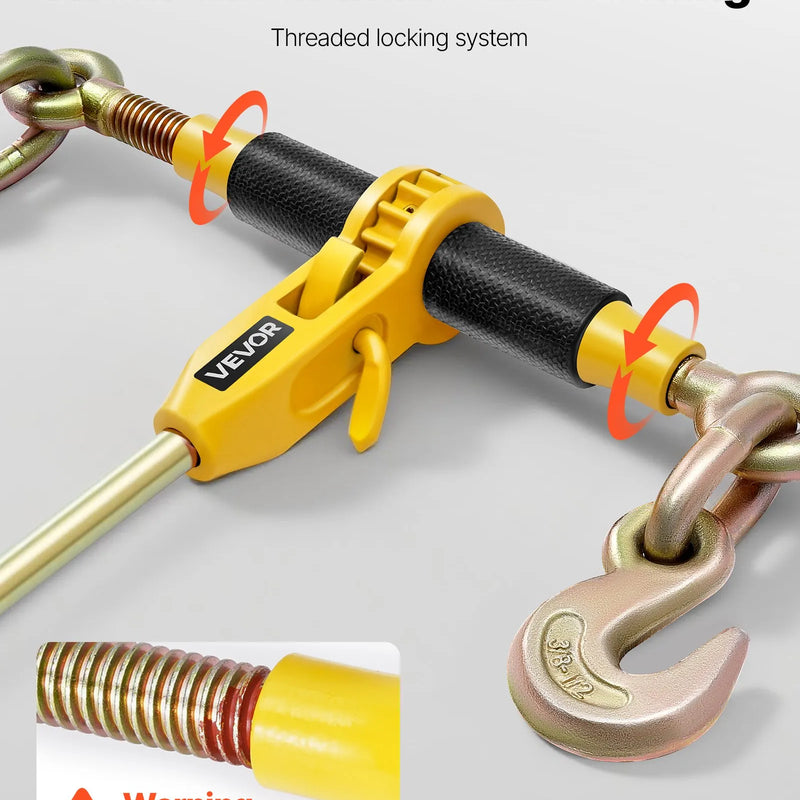 Sprūdrata ķēdes savilcējs, 10 mm × 6,1 m G80 ķēdes, 4173 kg darba slodze, ķēžu un savilcēju komplekts kravu nostiprināšanai, vilkšanai, kokmateriālu pārvietošanai un celšanai