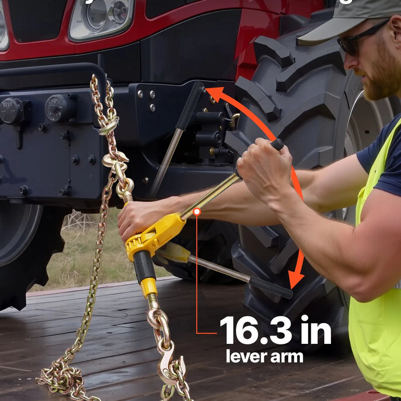 Sprūdrata ķēdes savilcējs, 10 mm × 6,1 m G80 ķēdes, 4173 kg darba slodze, ķēžu un savilcēju komplekts kravu nostiprināšanai, vilkšanai, kokmateriālu pārvietošanai un celšanai