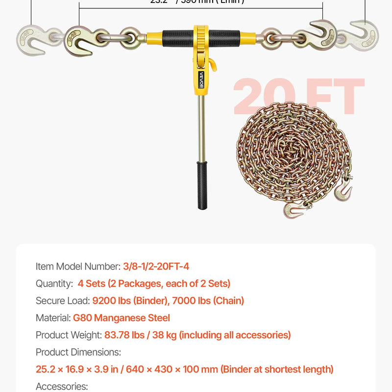 Sprūdrata ķēdes savilcējs, 10 mm × 6,1 m G80 ķēdes, 4173 kg darba slodze, ķēžu un savilcēju komplekts kravu nostiprināšanai, vilkšanai, kokmateriālu pārvietošanai un celšanai