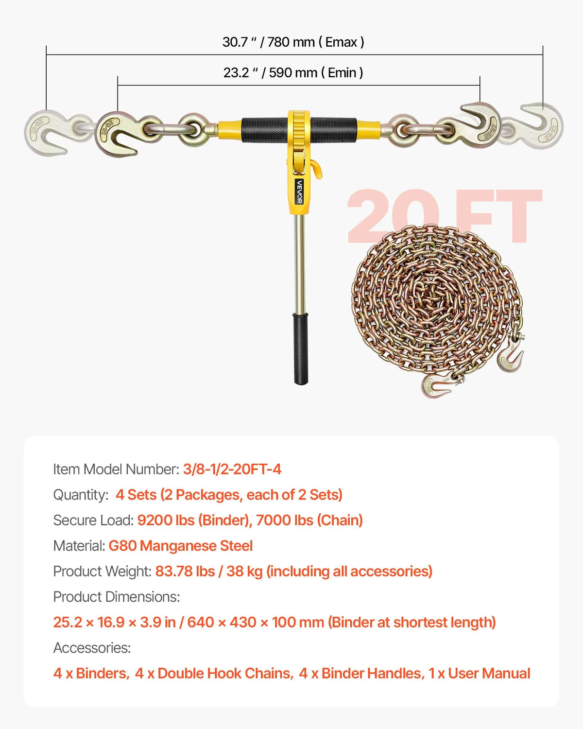 Chain Binder, 10 mm × 6.1 m G80 Chain, 4173 kg Working Load, Chain and Binder Kit for Cargo Securing, Towing, Timber Moving and Lifting