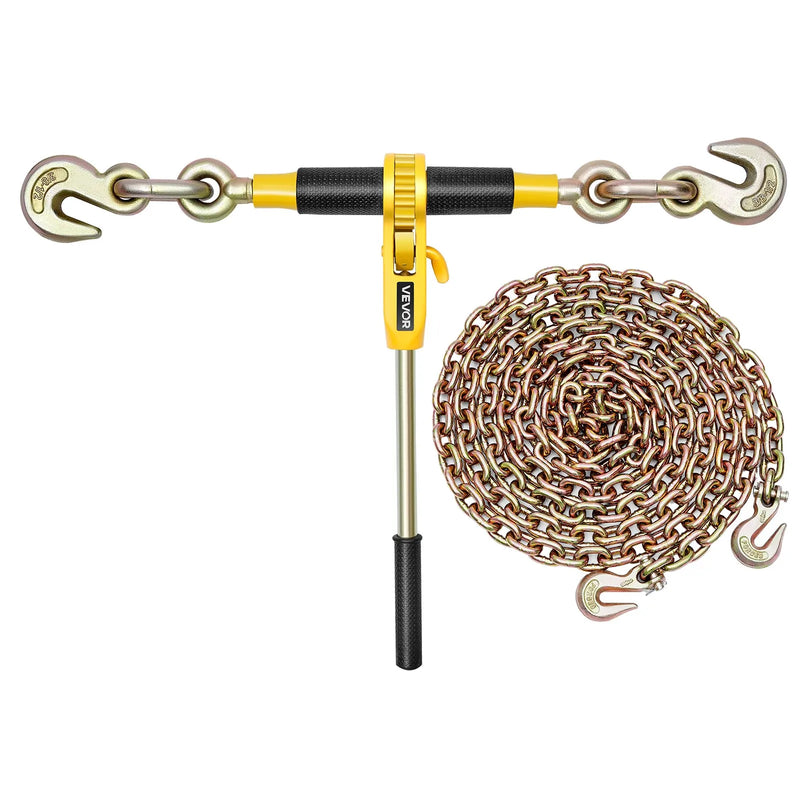 Sprūdrata ķēdes savilcējs, 10 mm × 6,1 m G80 ķēdes, 4173 kg darba slodze, ķēžu un savilcēju komplekts kravu nostiprināšanai, vilkšanai, kokmateriālu pārvietošanai un celšanai