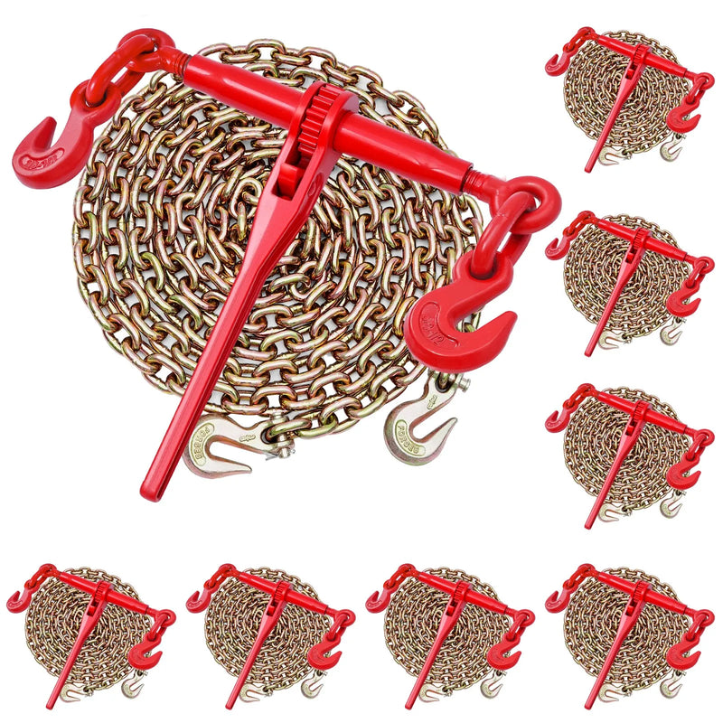 Sprūdrata ķēdes savilcējs, 10 mm × 3 m G80 ķēdes, 4173 kg darba slodze, ķēžu un savilcēju komplekts kravu nostiprināšanai, vilkšanai, kokmateriālu pārvietošanai un celšanai