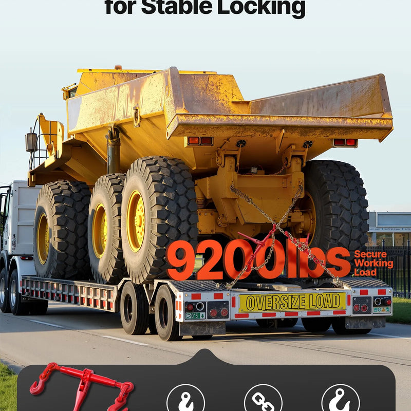 Sprūdrata ķēdes savilcējs, 10 mm × 3 m G80 ķēdes, 4173 kg darba slodze, ķēžu un savilcēju komplekts kravu nostiprināšanai, vilkšanai, kokmateriālu pārvietošanai un celšanai