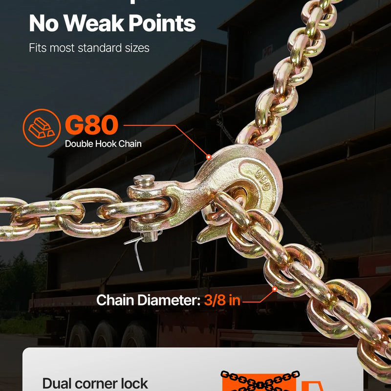 Sprūdrata ķēdes savilcējs, 10 mm × 3 m G80 ķēdes, 4173 kg darba slodze, ķēžu un savilcēju komplekts kravu nostiprināšanai, vilkšanai, kokmateriālu pārvietošanai un celšanai