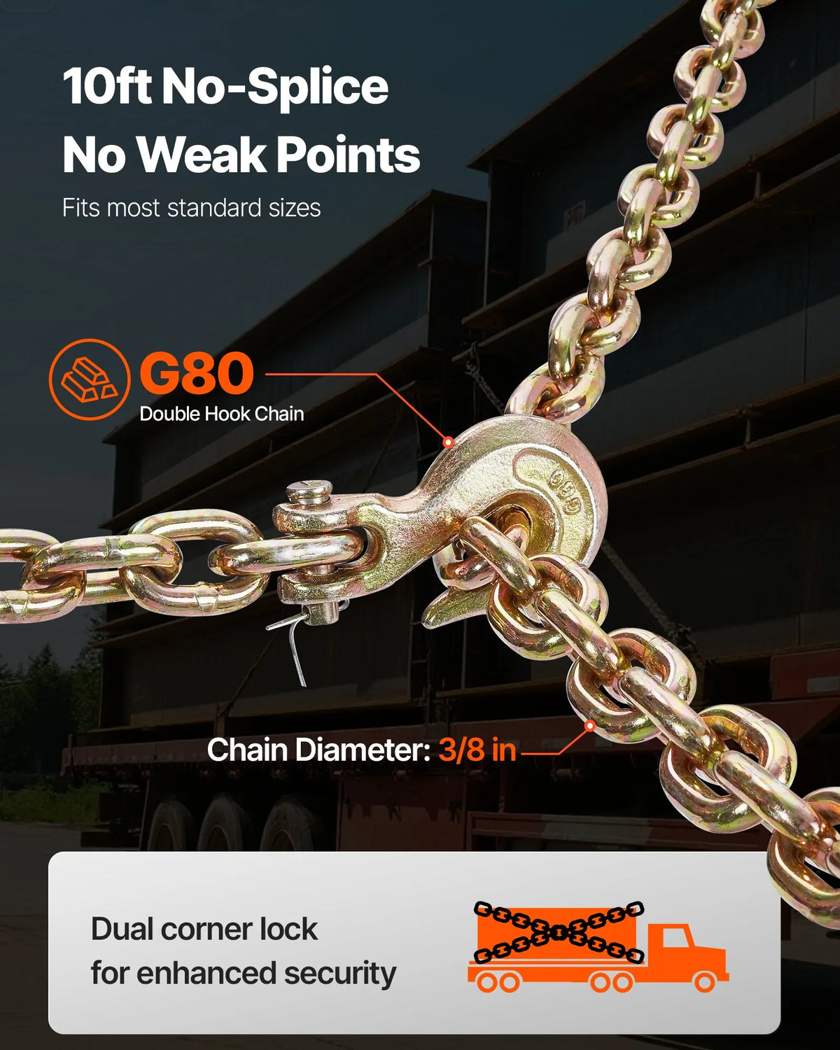 Chain Binder, 10 mm × 3 m G80 Chain, 4173 kg Working Load, Chain and Binder Kit for Cargo Securing, Towing, Timber Moving and Lifting