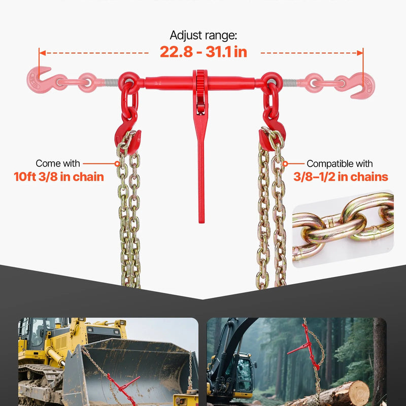 Sprūdrata ķēdes savilcējs, 10 mm × 3 m G80 ķēdes, 4173 kg darba slodze, ķēžu un savilcēju komplekts kravu nostiprināšanai, vilkšanai, kokmateriālu pārvietošanai un celšanai