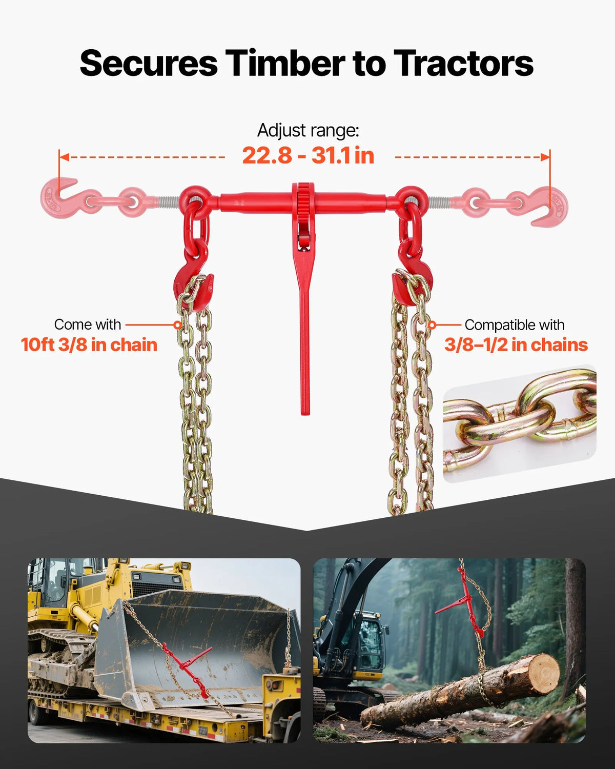Chain Binder, 10 mm × 3 m G80 Chain, 4173 kg Working Load, Chain and Binder Kit for Cargo Securing, Towing, Timber Moving and Lifting