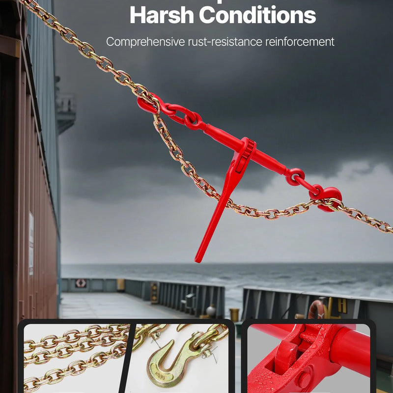 Sprūdrata ķēdes savilcējs, 10 mm × 3 m G80 ķēdes, 4173 kg darba slodze, ķēžu un savilcēju komplekts kravu nostiprināšanai, vilkšanai, kokmateriālu pārvietošanai un celšanai