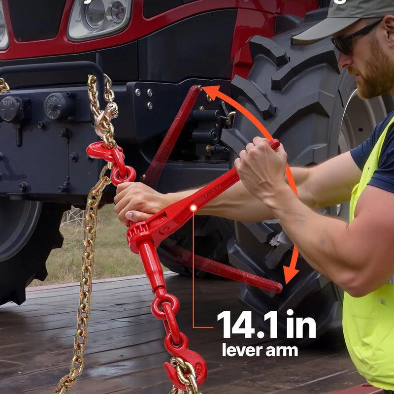 Sprūdrata ķēdes savilcējs, 10 mm × 3 m G80 ķēdes, 4173 kg darba slodze, ķēžu un savilcēju komplekts kravu nostiprināšanai, vilkšanai, kokmateriālu pārvietošanai un celšanai