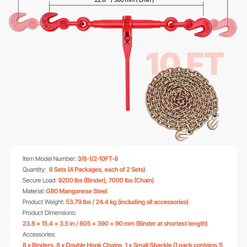 Sprūdrata ķēdes savilcējs, 10 mm × 3 m G80 ķēdes, 4173 kg darba slodze, ķēžu un savilcēju komplekts kravu nostiprināšanai, vilkšanai, kokmateriālu pārvietošanai un celšanai