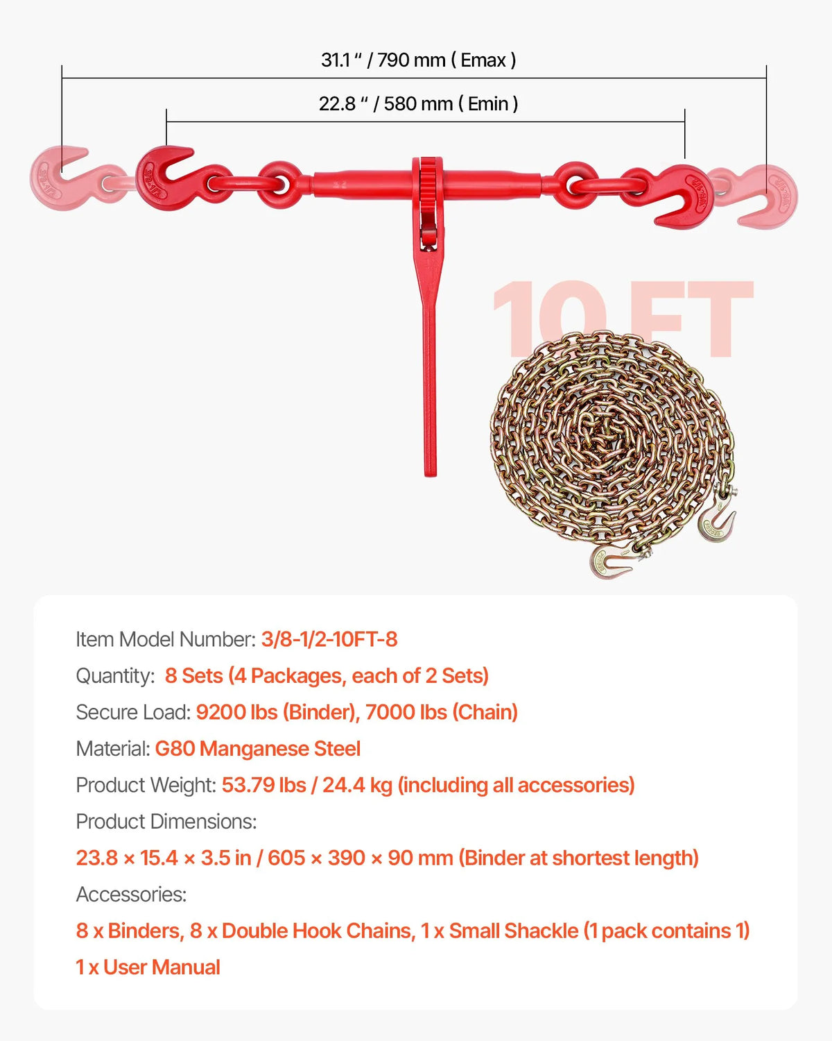 Chain Binder, 10 mm × 3 m G80 Chain, 4173 kg Working Load, Chain and Binder Kit for Cargo Securing, Towing, Timber Moving and Lifting