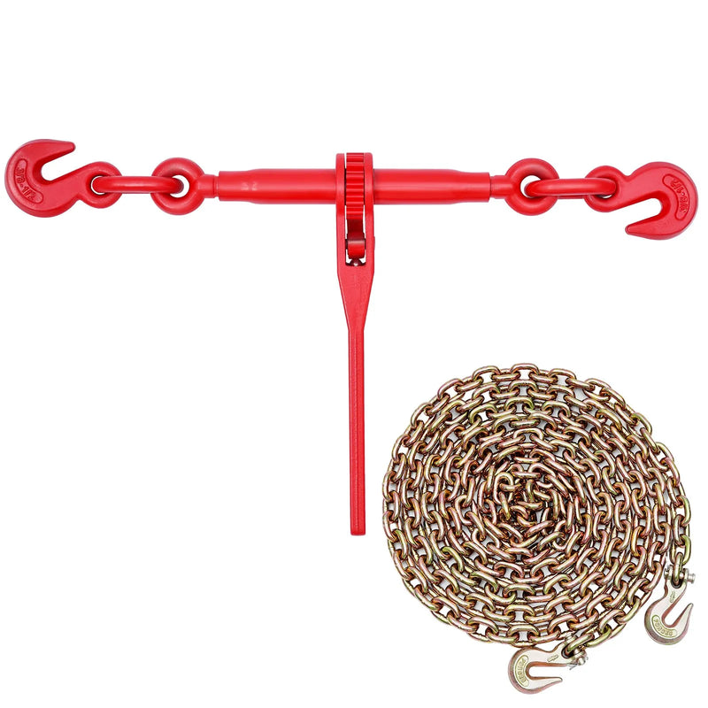 Sprūdrata ķēdes savilcējs, 10 mm × 3 m G80 ķēdes, 4173 kg darba slodze, ķēžu un savilcēju komplekts kravu nostiprināšanai, vilkšanai, kokmateriālu pārvietošanai un celšanai