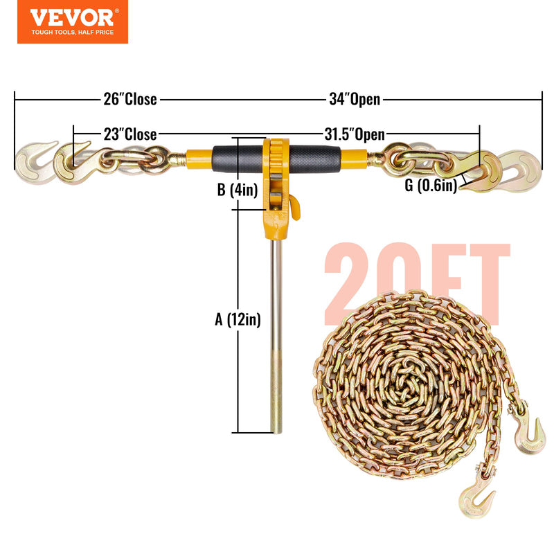 VEVOR sprūdrata ķēžu spriegotājs, 0.9 - 1.27 cm smagā darba spriegotāji ar G80 ķēdēm, 5400 kg drošas slodzes ierobežojums, darbu atvieglojošs pretslīdes rokturis, kravas nostiprināšanas ķēžu spriegotāji pusstieņiem kravas automobiļiem, 4 gab.