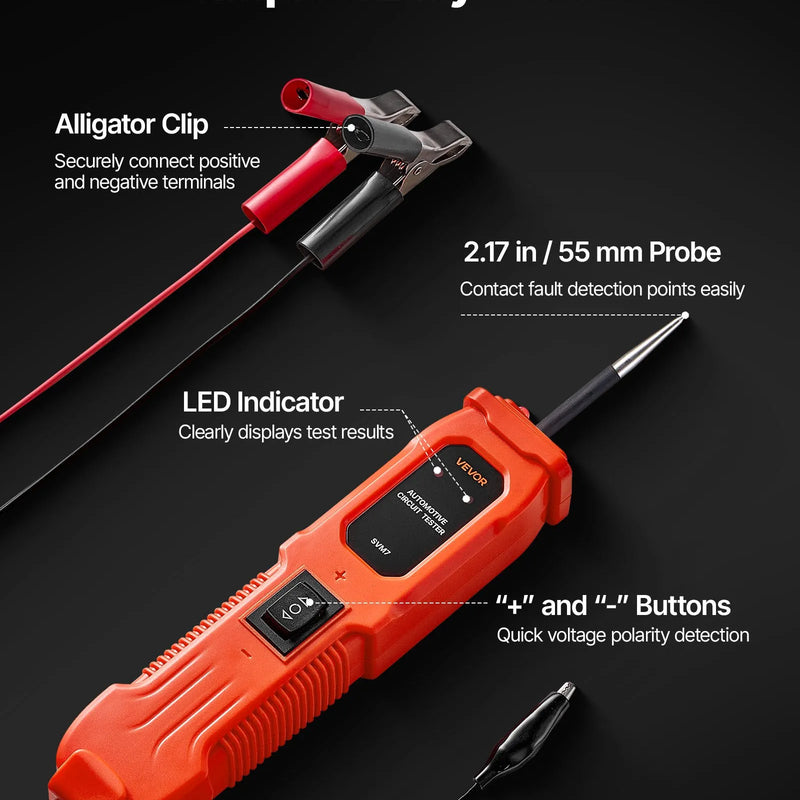 VEVOR automobiļu ķēžu testeris, 6–36 V līdzstrāvas jaudas ķēžu zondes testeris ar apgaismojumu, automobiļu jaudas testera zonde ar 4 m kabeli, ABS korpusa vadu detektors sedaniem, SUV, kemperiem un kravas automobiļiem