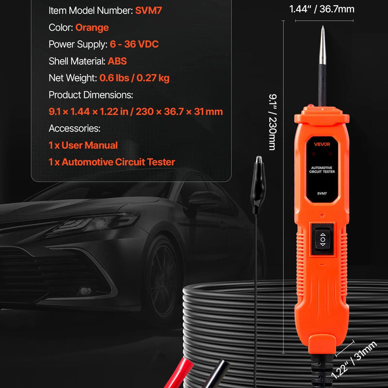 VEVOR automobiļu ķēžu testeris, 6–36 V līdzstrāvas jaudas ķēžu zondes testeris ar apgaismojumu, automobiļu jaudas testera zonde ar 4 m kabeli, ABS korpusa vadu detektors sedaniem, SUV, kemperiem un kravas automobiļiem