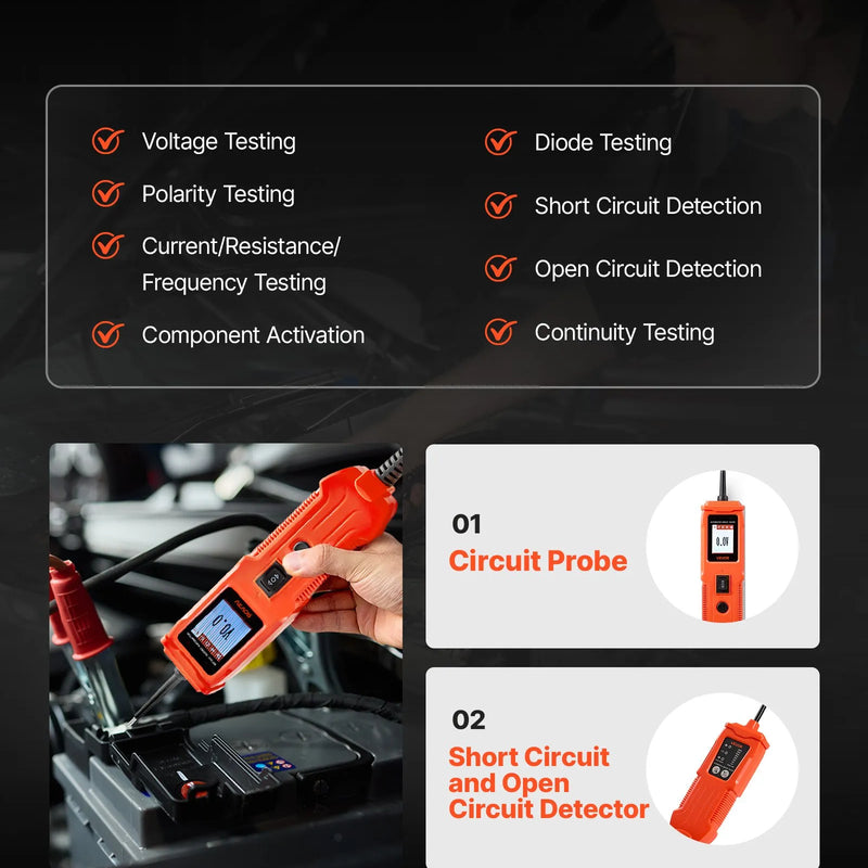 VEVOR automobiļu ķēžu testera komplekts, 8–35 V līdzstrāvas jaudas ķēžu zondes testeris ar TFT krāsu displeju un apgaismojumu, 2-in-1 automobiļu elektriskais jaudas testera zonde ar 6 m pagarinājuma kabeli