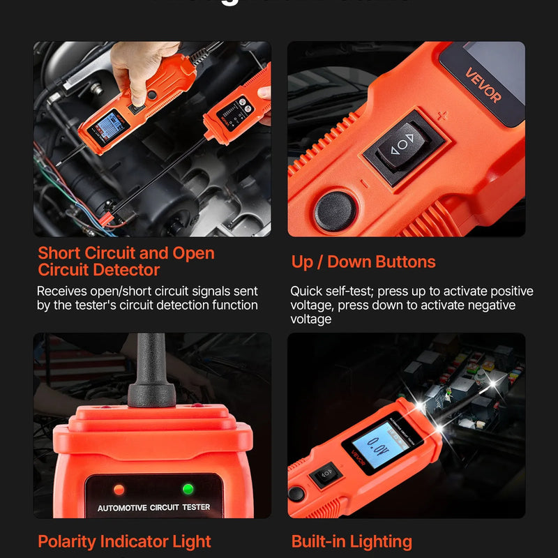 VEVOR automobiļu ķēžu testera komplekts, 8–35 V līdzstrāvas jaudas ķēžu zondes testeris ar TFT krāsu displeju un apgaismojumu, 2-in-1 automobiļu elektriskais jaudas testera zonde ar 6 m pagarinājuma kabeli