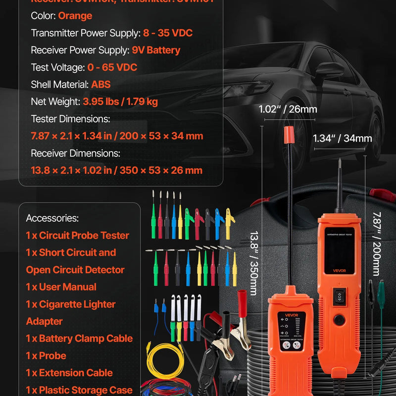 VEVOR automobiļu ķēžu testera komplekts, 8–35 V līdzstrāvas jaudas ķēžu zondes testeris ar TFT krāsu displeju un apgaismojumu, 2-in-1 automobiļu elektriskais jaudas testera zonde ar 6 m pagarinājuma kabeli