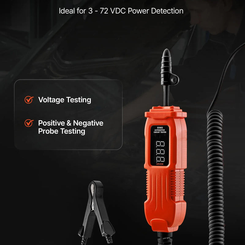 VEVOR automobiļu ķēžu testers, 3–72 V DC sprieguma ķēžu zonde ar LED ekrānu un apgaismojumu, automobiļu barošanas ķēžu pārbaudes zonde ar 3,5 m kabeli, ABS korpusa elektriskais detektors.