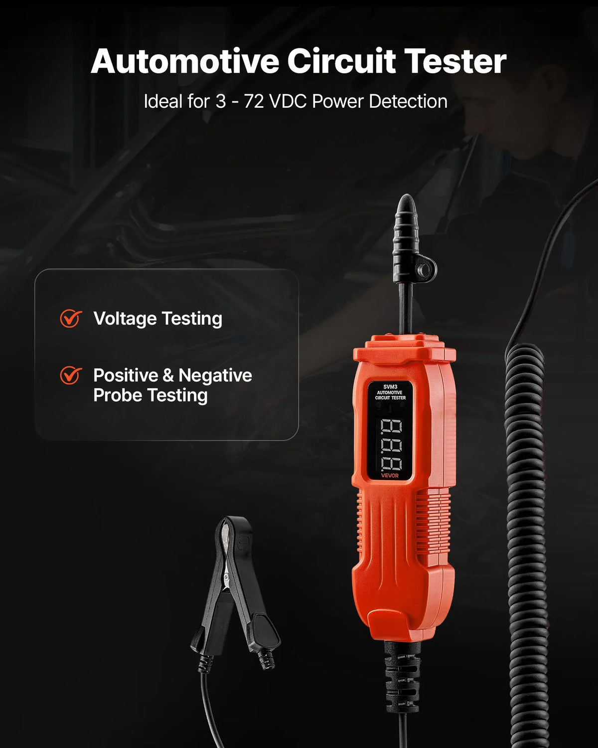 VEVOR Automotive Circuit Tester, 3–72 V DC Voltage Circuit Probe with LED Display and Illumination, Car Power Circuit Test Probe with 3.5 m Cable, ABS Housing Electrical Detector