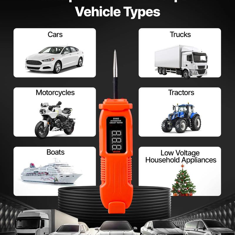 VEVOR automobiļu ķēžu testers, 3–72 V DC sprieguma ķēžu zonde ar LED ekrānu un apgaismojumu, automobiļu barošanas ķēžu pārbaudes zonde ar 3,5 m kabeli, ABS korpusa elektriskais detektors.