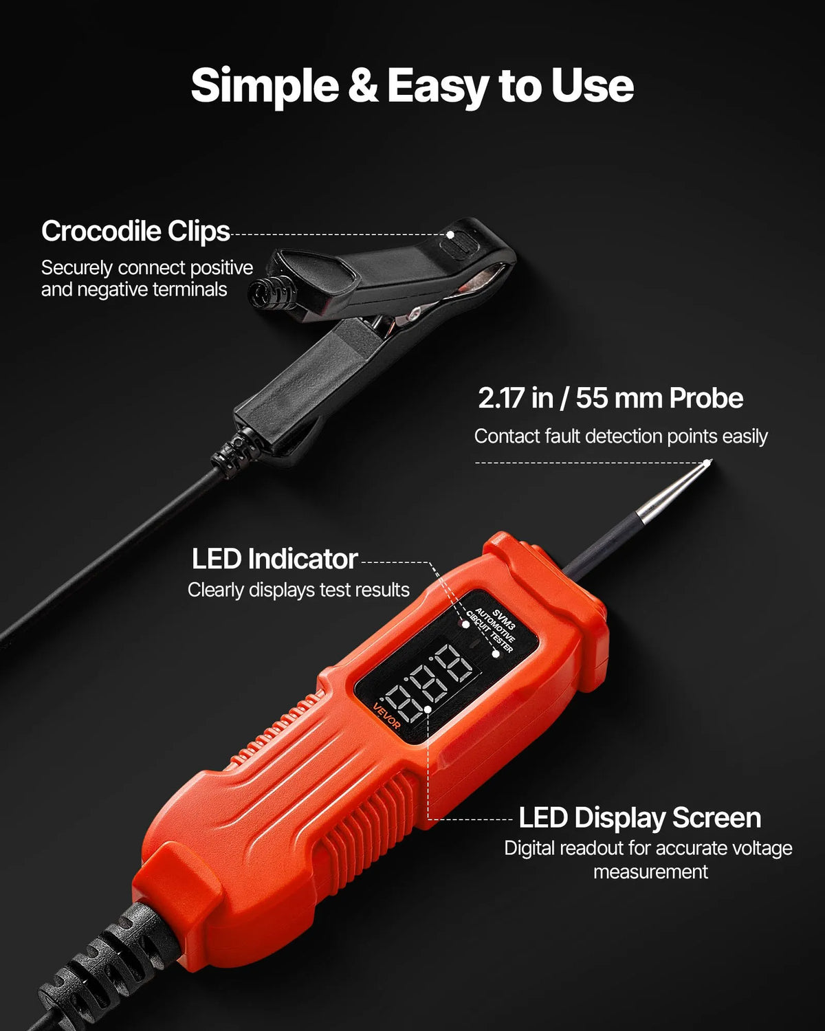 VEVOR Automotive Circuit Tester, 3–72 V DC Voltage Circuit Probe with LED Display and Illumination, Car Power Circuit Test Probe with 3.5 m Cable, ABS Housing Electrical Detector