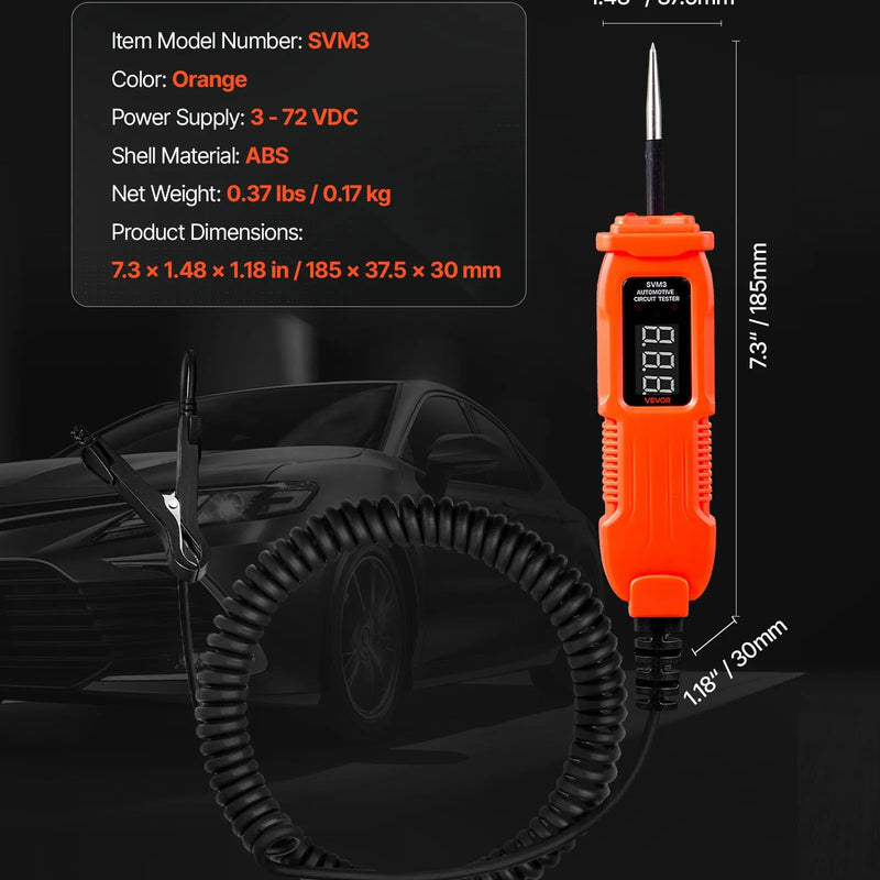 VEVOR automobiļu ķēžu testers, 3–72 V DC sprieguma ķēžu zonde ar LED ekrānu un apgaismojumu, automobiļu barošanas ķēžu pārbaudes zonde ar 3,5 m kabeli, ABS korpusa elektriskais detektors.