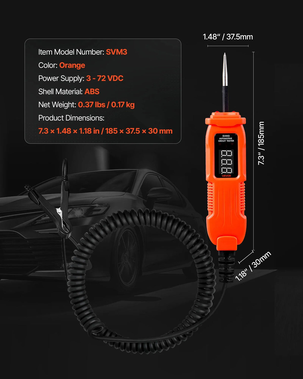 VEVOR Automotive Circuit Tester, 3–72 V DC Voltage Circuit Probe with LED Display and Illumination, Car Power Circuit Test Probe with 3.5 m Cable, ABS Housing Electrical Detector