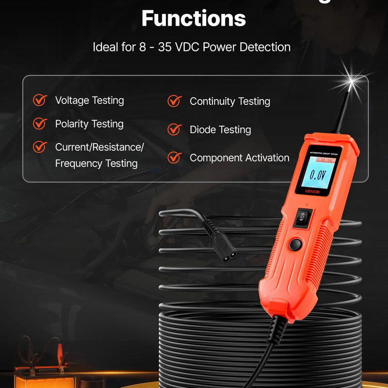 VEVOR automobiļu ķēžu testeris, 8–35 V līdzstrāvas jaudas ķēžu zondes testeris ar TFT krāsu displeju un apgaismojumu, automobiļu elektrības testa zonde ar 4 m kabeli, ABS korpusa elektrisko ķēžu detektors un bojājumu meklētājs