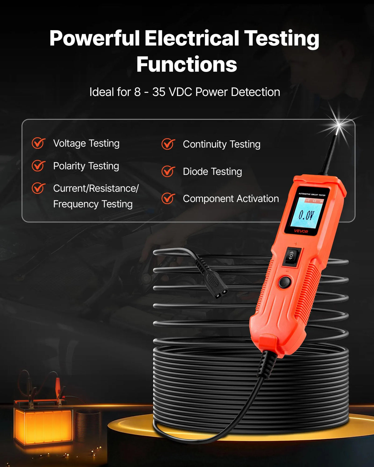 VEVOR Automotive Circuit Tester, 8–35 V DC Power Circuit Probe Tester with TFT Colour Display and Illumination, Car Electrical Test Probe with 4 m Cable, ABS Housing Electrical Circuit Detector and Fault Finder