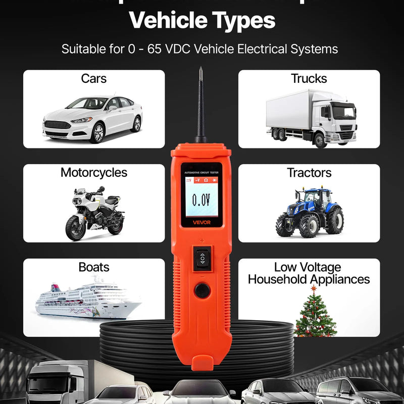VEVOR automobiļu ķēžu testeris, 8–35 V līdzstrāvas jaudas ķēžu zondes testeris ar TFT krāsu displeju un apgaismojumu, automobiļu elektrības testa zonde ar 4 m kabeli, ABS korpusa elektrisko ķēžu detektors un bojājumu meklētājs