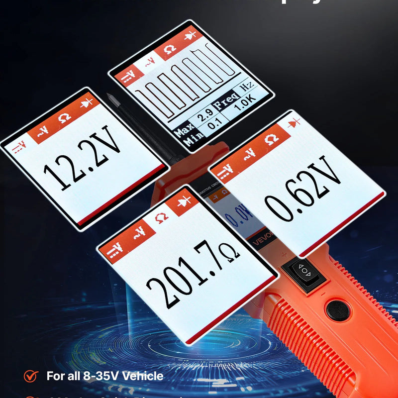 VEVOR automobiļu ķēžu testeris, 8–35 V līdzstrāvas jaudas ķēžu zondes testeris ar TFT krāsu displeju un apgaismojumu, automobiļu elektrības testa zonde ar 4 m kabeli, ABS korpusa elektrisko ķēžu detektors un bojājumu meklētājs