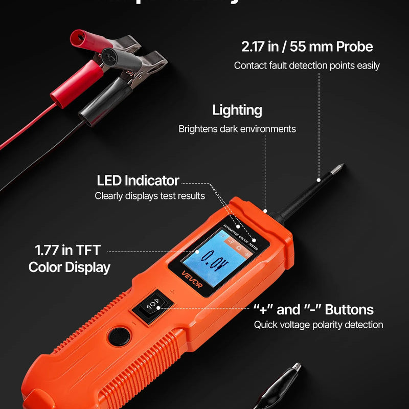 VEVOR automobiļu ķēžu testeris, 8–35 V līdzstrāvas jaudas ķēžu zondes testeris ar TFT krāsu displeju un apgaismojumu, automobiļu elektrības testa zonde ar 4 m kabeli, ABS korpusa elektrisko ķēžu detektors un bojājumu meklētājs