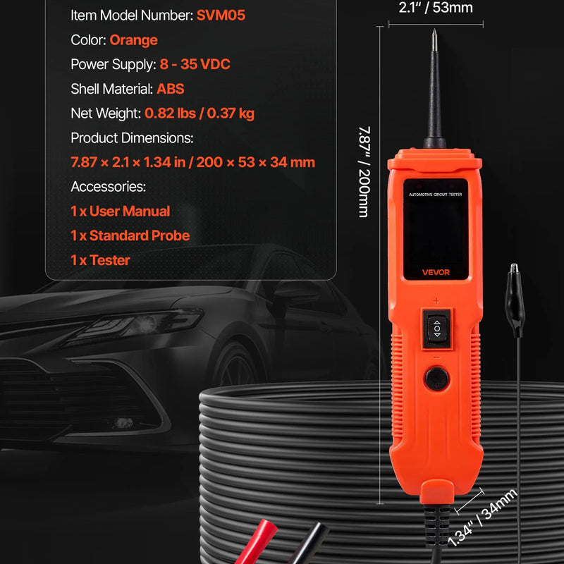 VEVOR automobiļu ķēžu testeris, 8–35 V līdzstrāvas jaudas ķēžu zondes testeris ar TFT krāsu displeju un apgaismojumu, automobiļu elektrības testa zonde ar 4 m kabeli, ABS korpusa elektrisko ķēžu detektors un bojājumu meklētājs
