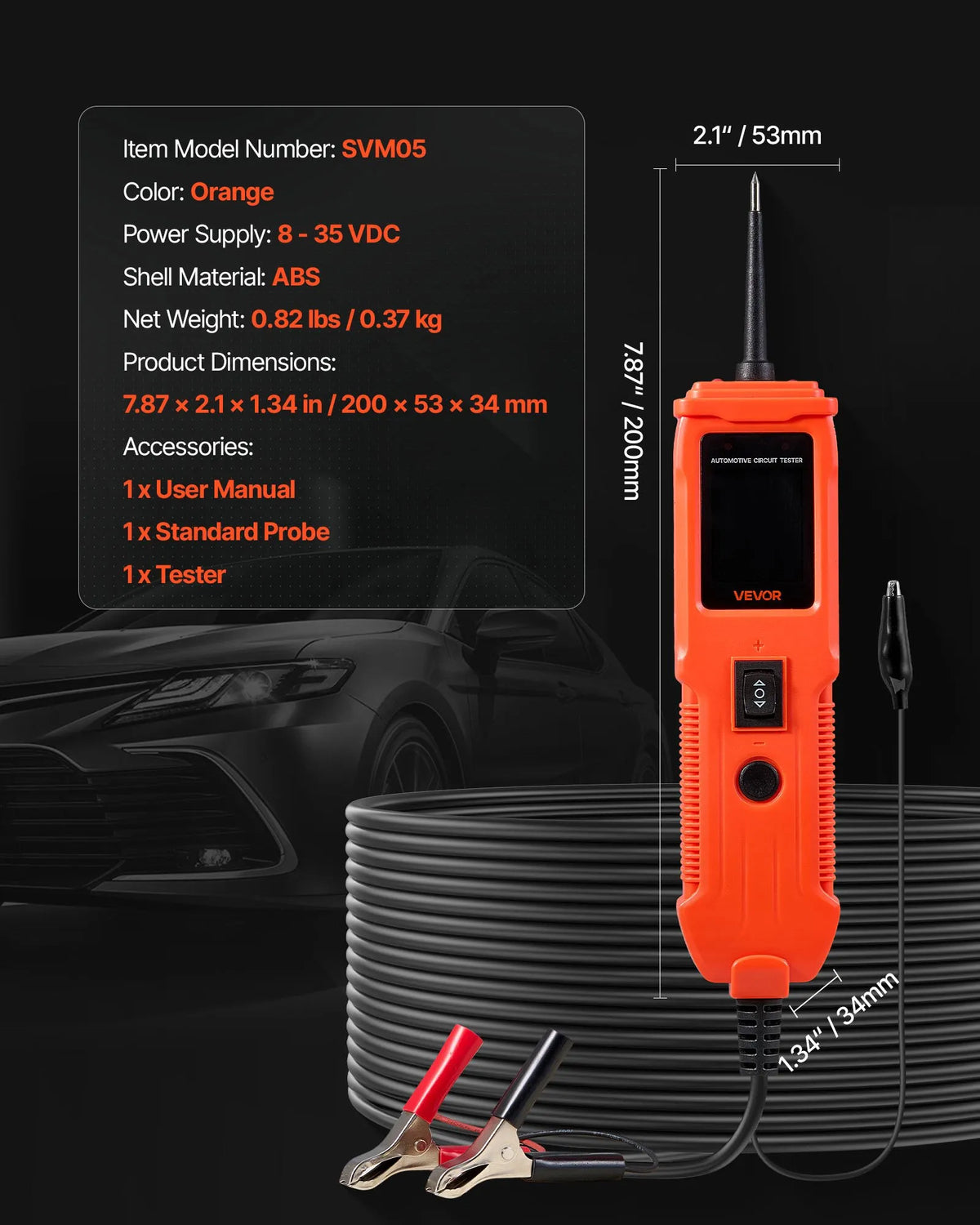 VEVOR Automotive Circuit Tester, 8–35 V DC Power Circuit Probe Tester with TFT Colour Display and Illumination, Car Electrical Test Probe with 4 m Cable, ABS Housing Electrical Circuit Detector and Fault Finder